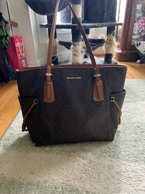 Michael Kors Dark Brown Logo Tote with Tan Handles